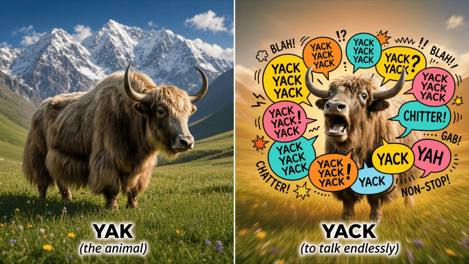 A real yak beside a cartoon yak surrounded by speech bubbles.