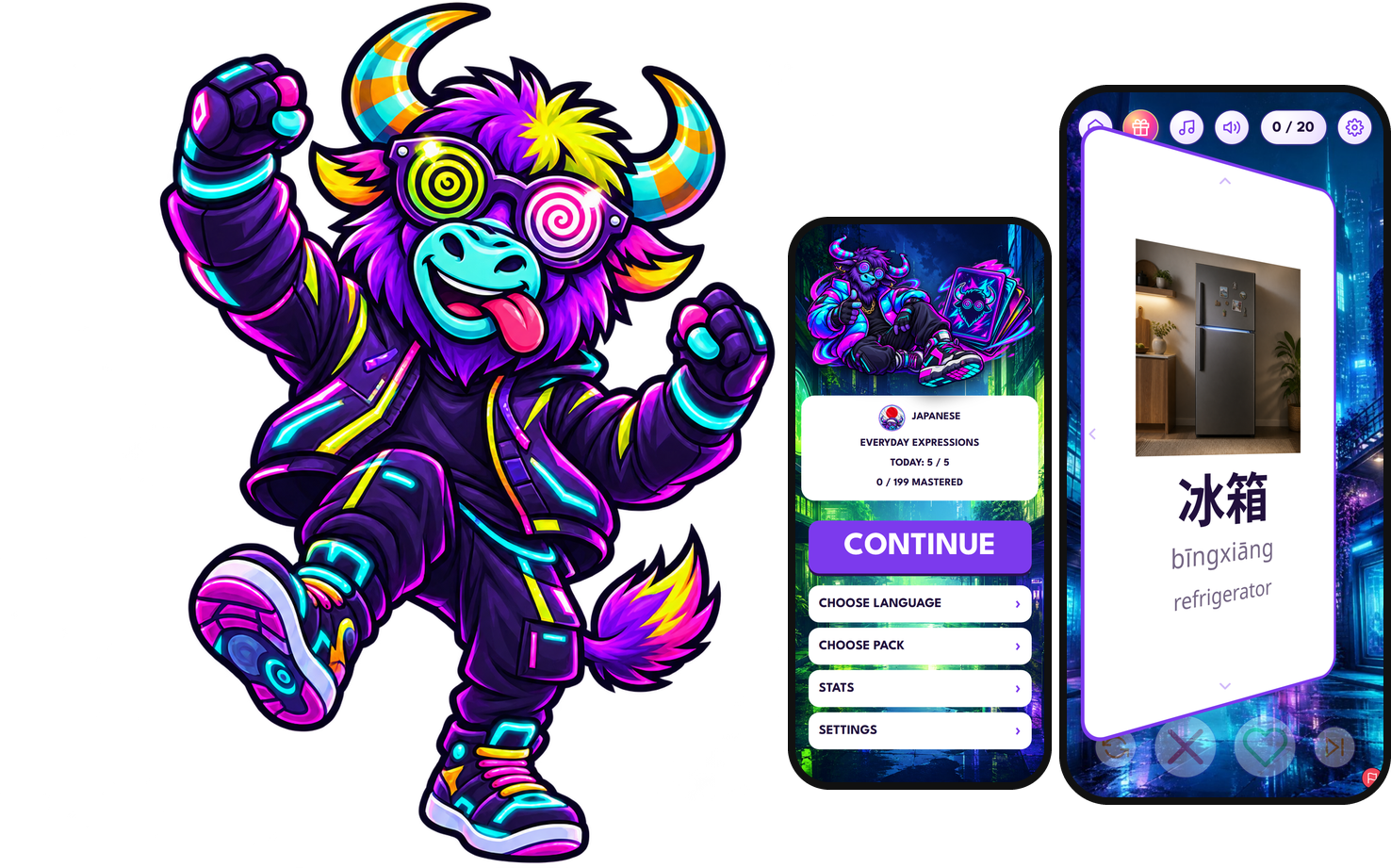 Cool neon yak with Yak Cards home and study screens.