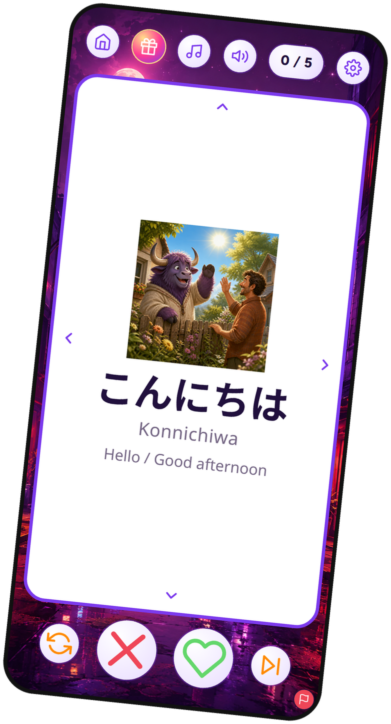 Yak Cards flashcard for こんにちは, hello.